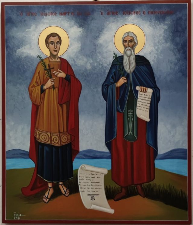 Handmade icon painting of Saints Isidore