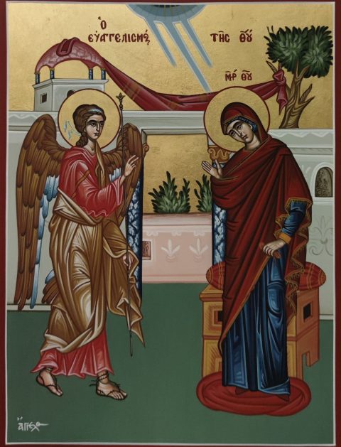 Hand painted iconography of the Annunciation of the Virgin