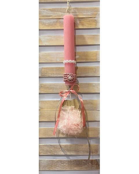 Πασχαλινή Λαμπάδα Καρδιά με Τούλινη Μπάλα-Ροζ 20cm